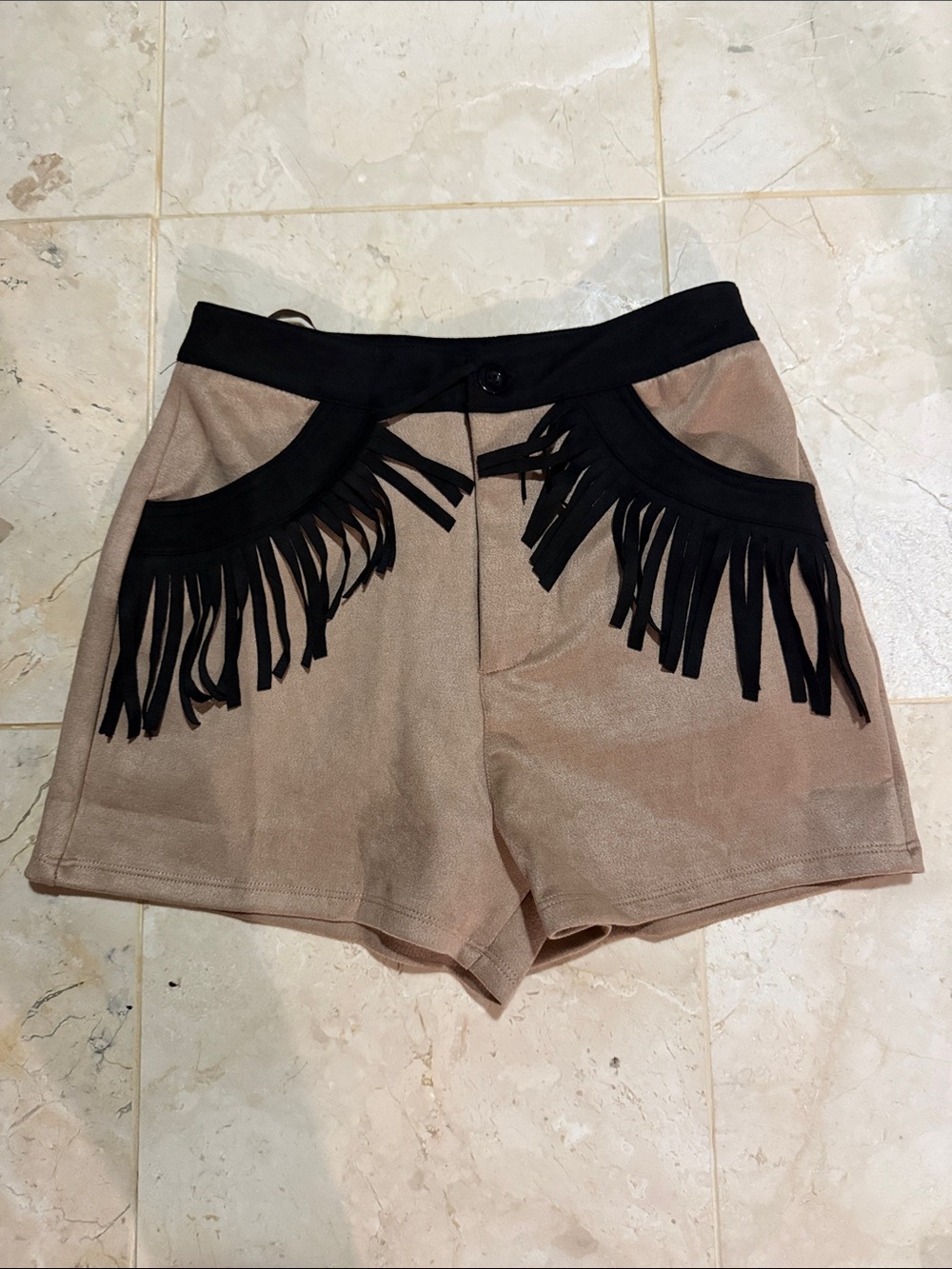 Fringe suede Women's Shorts in Taupe and Black